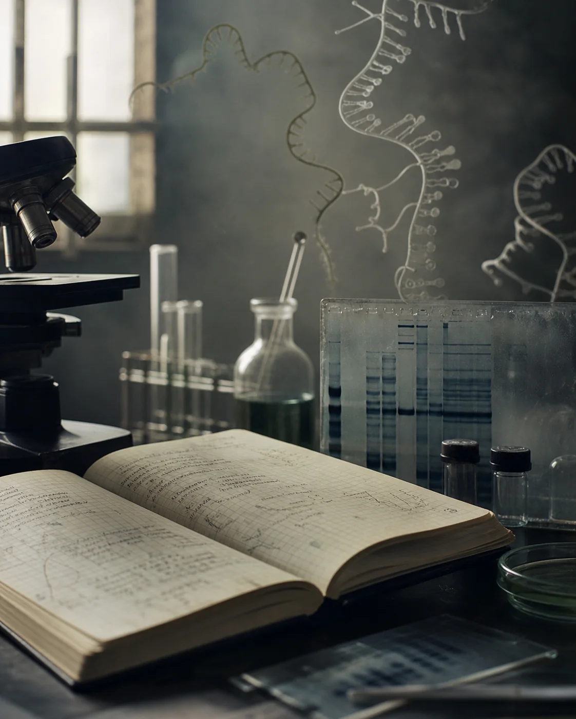 An archival molecular biology workbench with a microscope, laboratory notebook, and RNA research materials